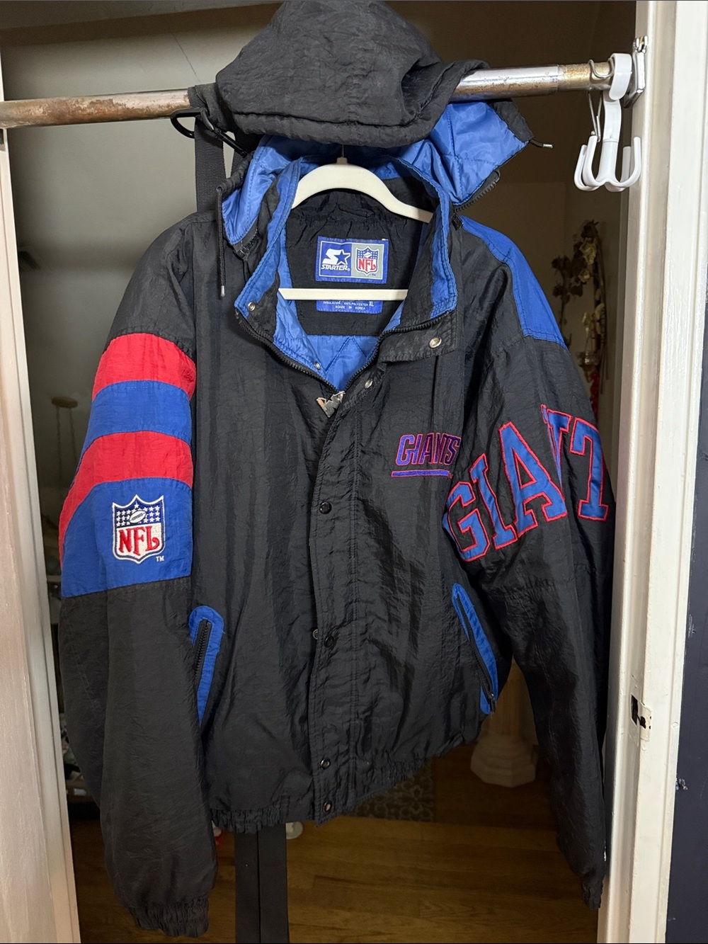 STARTER Black Blue Red New York Giants Varsity Bomber Jacket